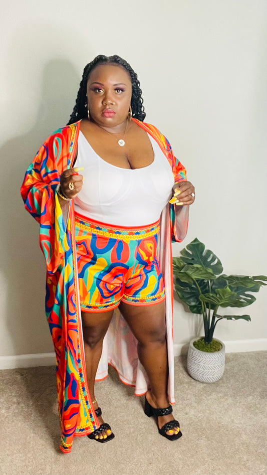 VACAY BADDIE ORANGE MULTI  COLOR PRINT DUSTER & SHORTS SET